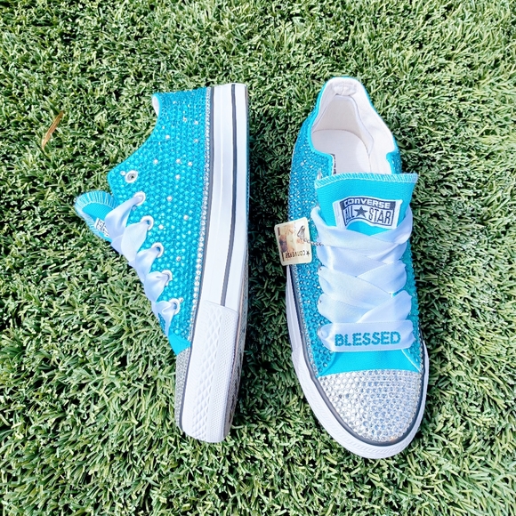 NEW Baby Blue Hand Embellished CONVERSE with "BLESSED" laces - Picture 3 of 8
